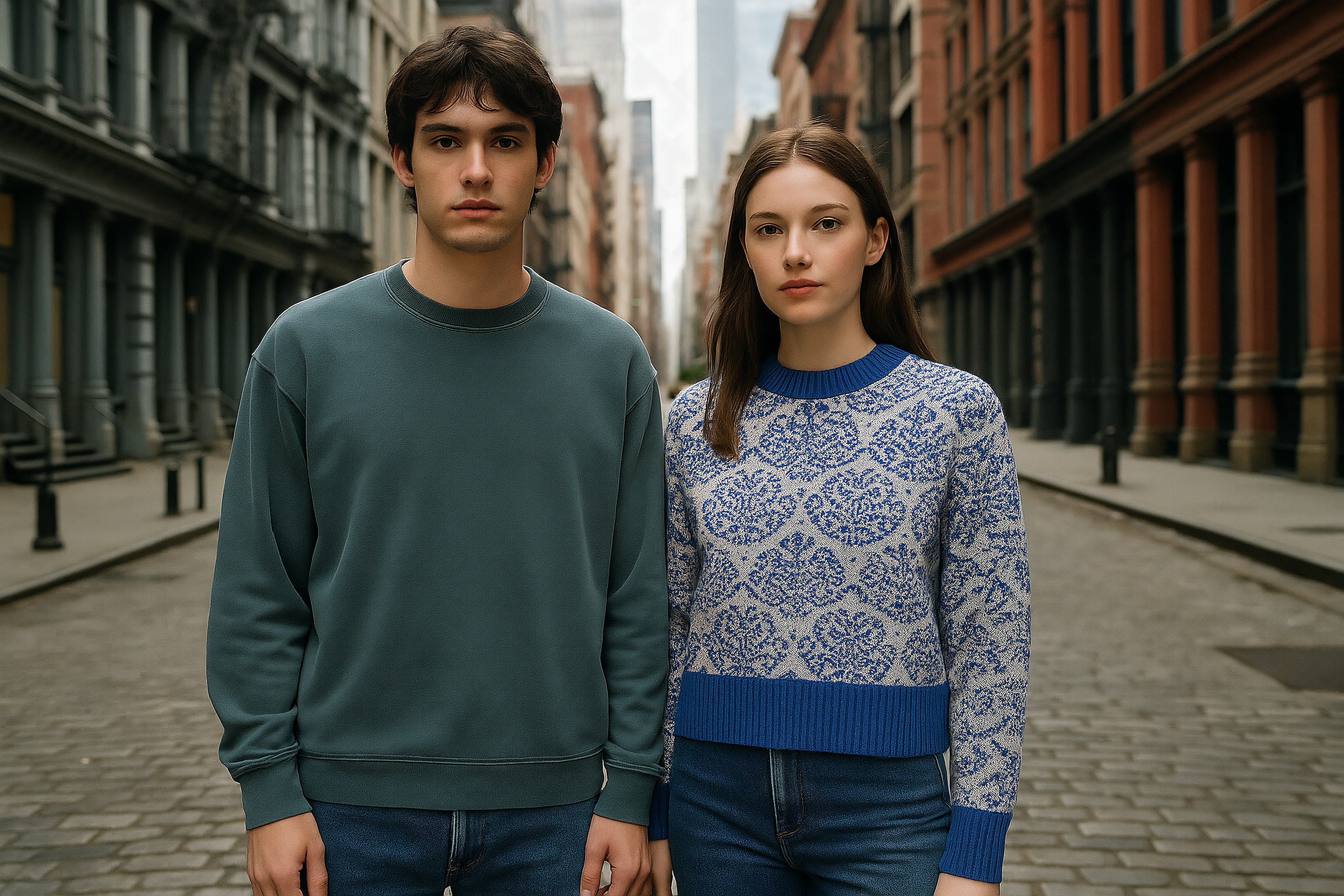 Two models wearing sweaters from our latest collection.