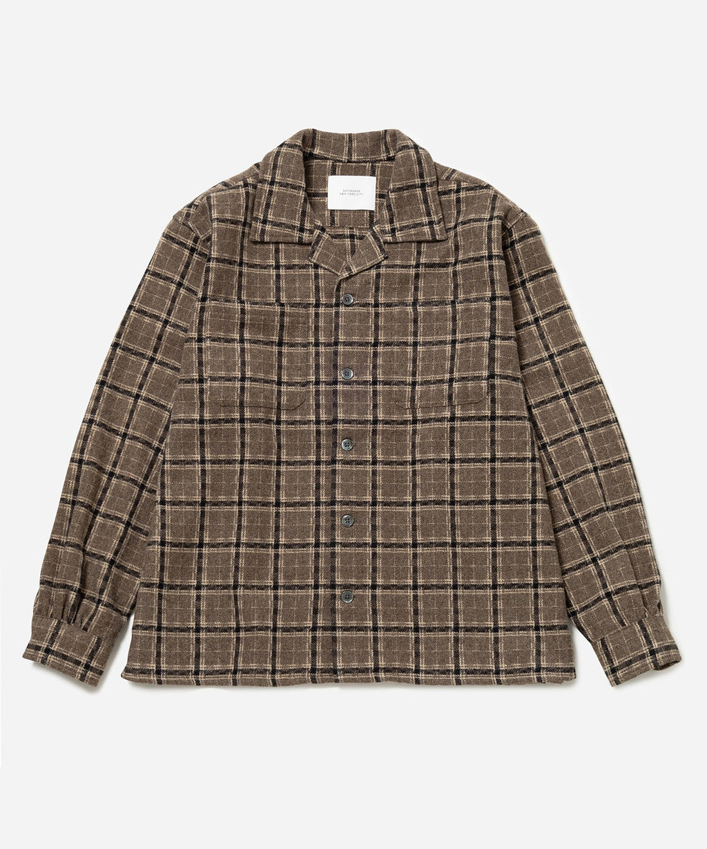 Beige | Open Collar Flannel Check Shirt | Saturdays NYC
