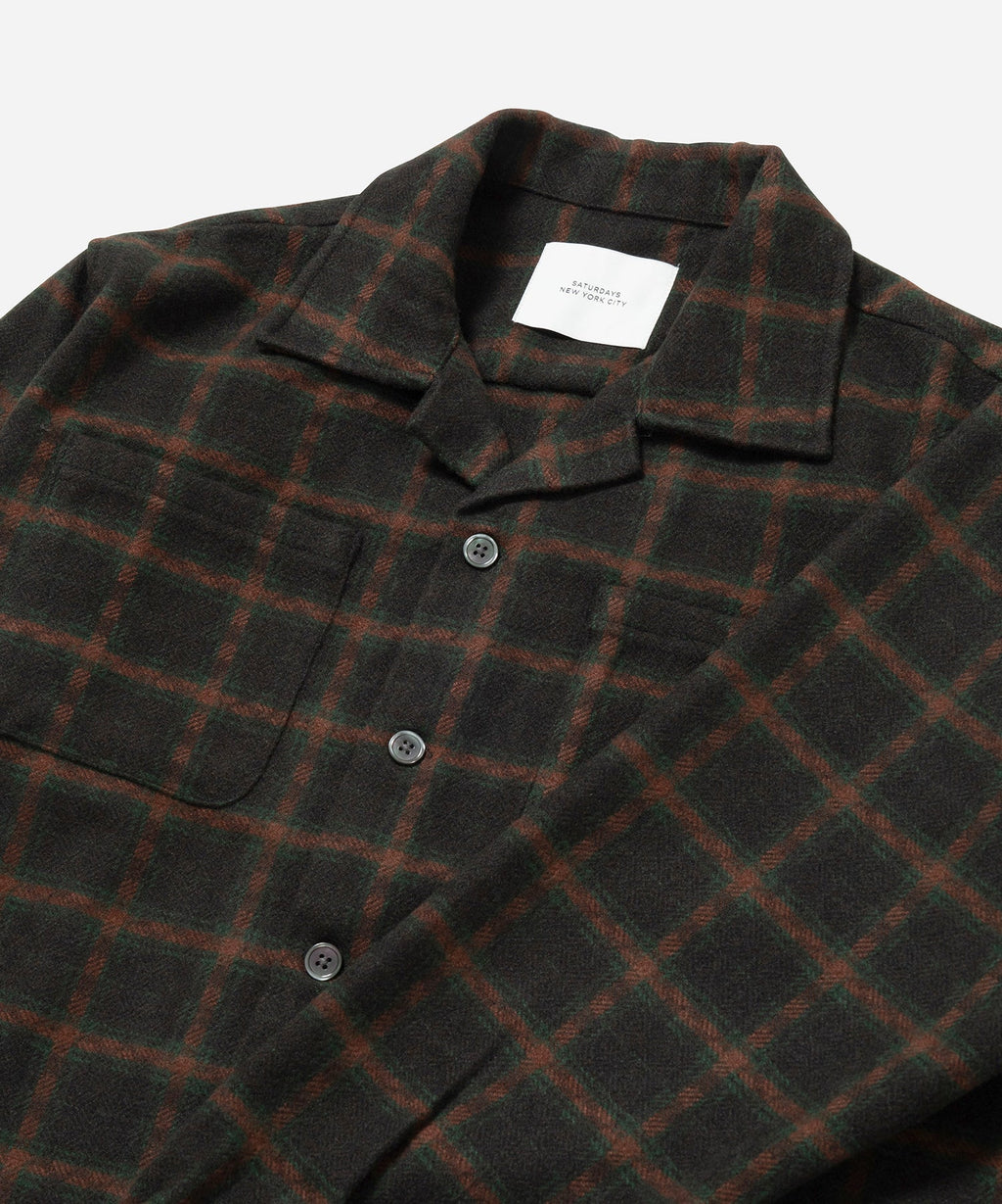 Green | Open Collar Flannel Check Shirt | Saturdays NYC
