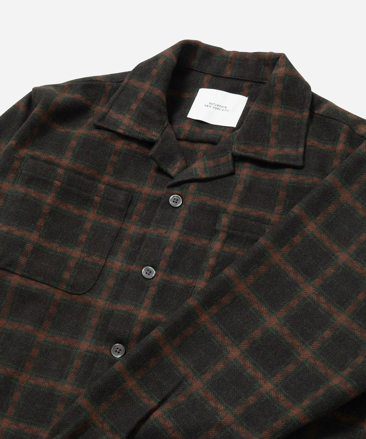 Green | Open Collar Flannel Check Shirt | Saturdays NYC
