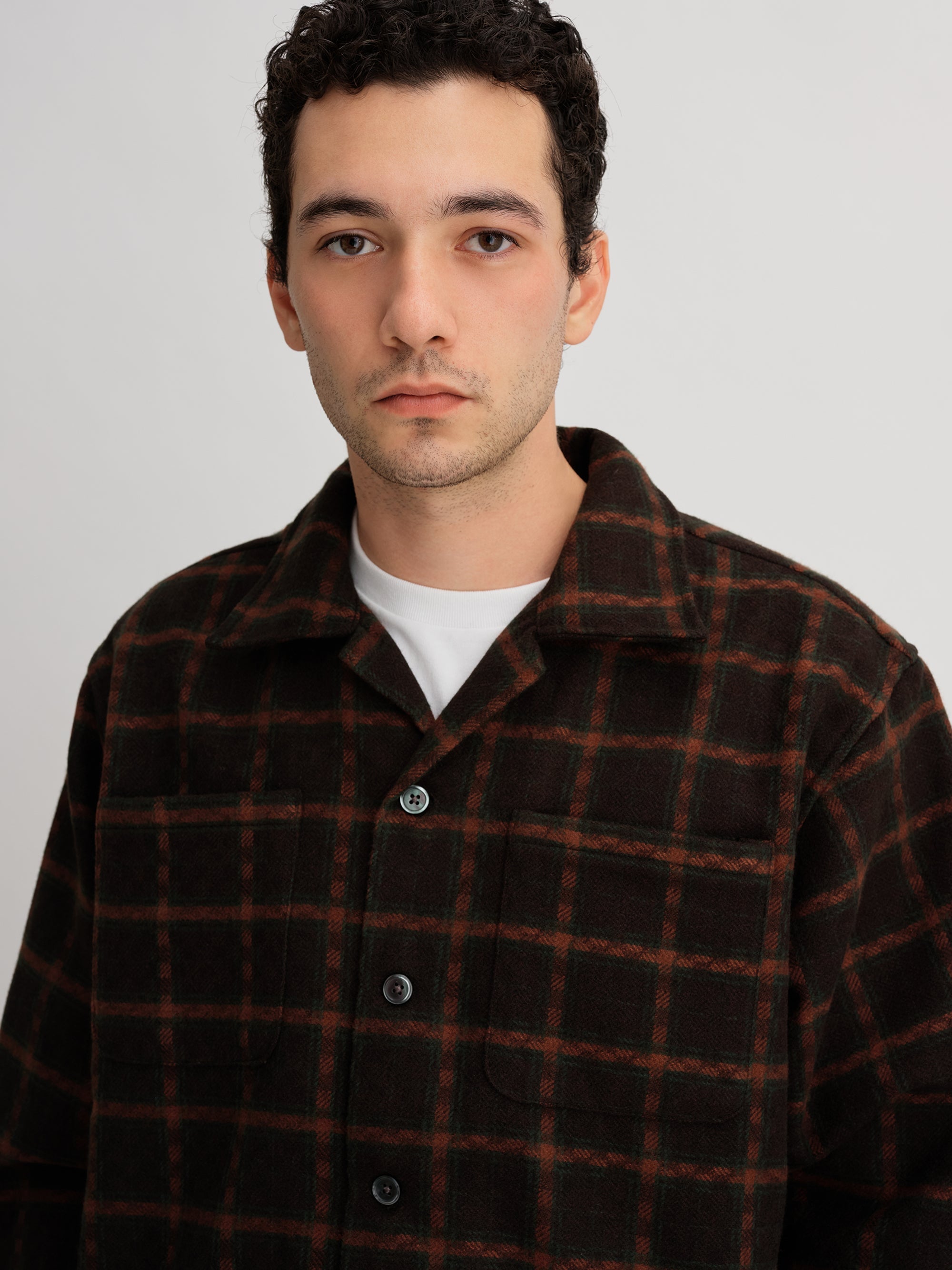 Green | Open Collar Flannel Check Shirt | Saturdays NYC