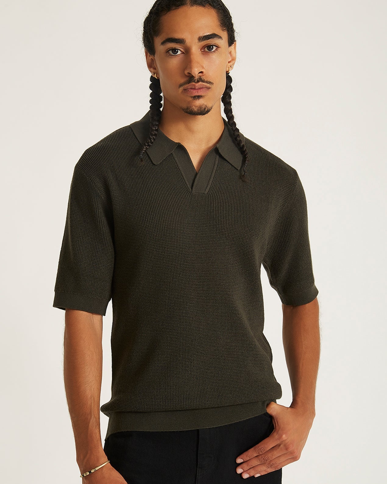 Army Green | Alex Merino Wool Open Placket Polo