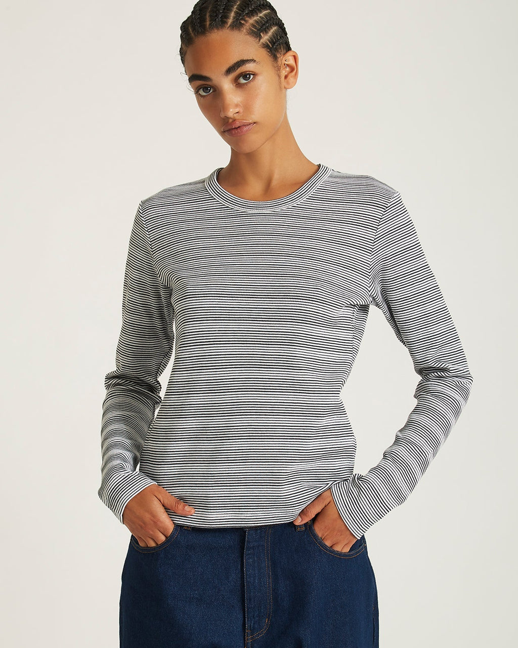 Ivory | Striped Waffle LS Tee